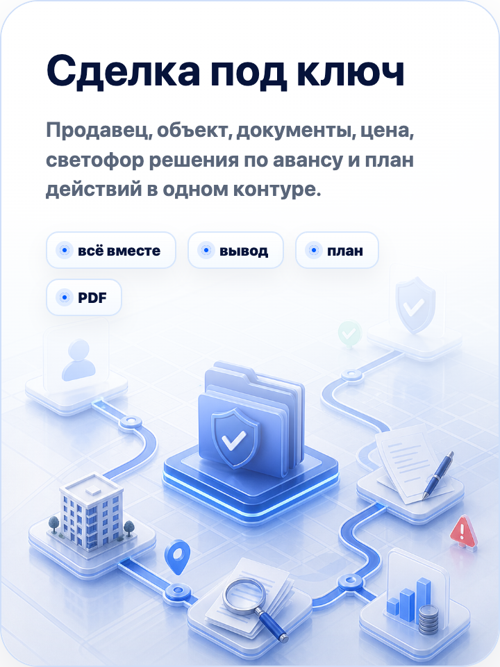 Проверка под ключ: продавец, объект, документы, цена, светофор решения по авансу и план действий в одном отчёте.